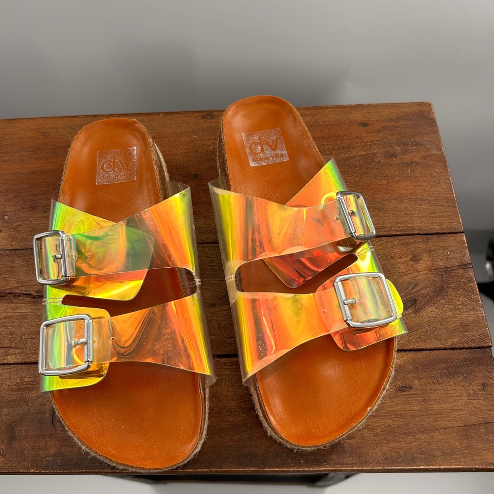 DV Dolce Vita Womens Iridescent Holographic Double Buckle Slide Sandals Tan